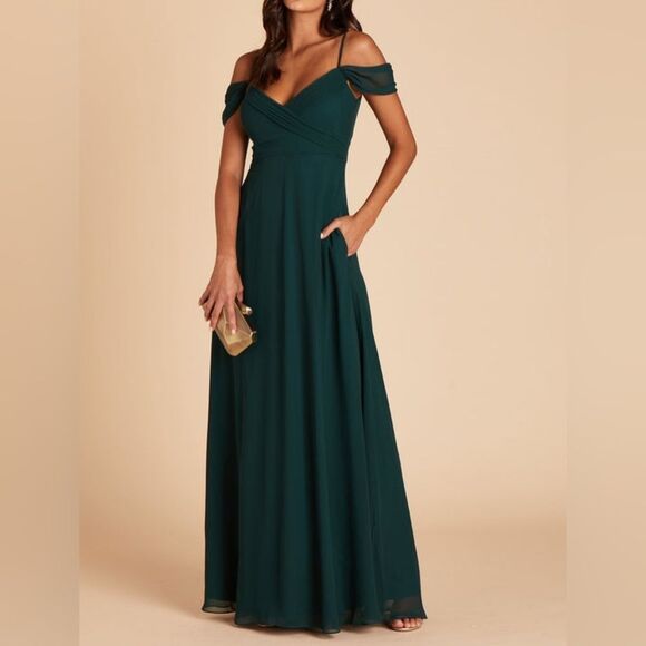 Birdy Grey Spence Convertible Maxi Dress Chiffon Emerald Green Off Shoulder M - Picture 1 of 16